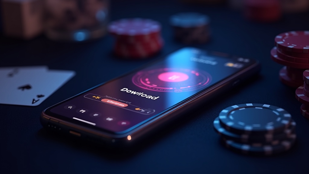 Android phone showing a casino app download screen in a dark casino setting