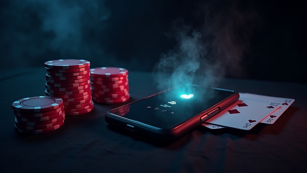 Smartphone installing a casino APK with chips and cards in a dark neon setting