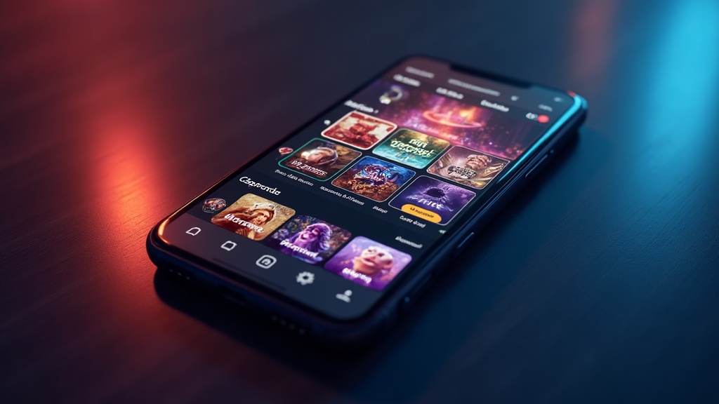 Smartphone with casino lobby and app review visual elements in a dark neon setting