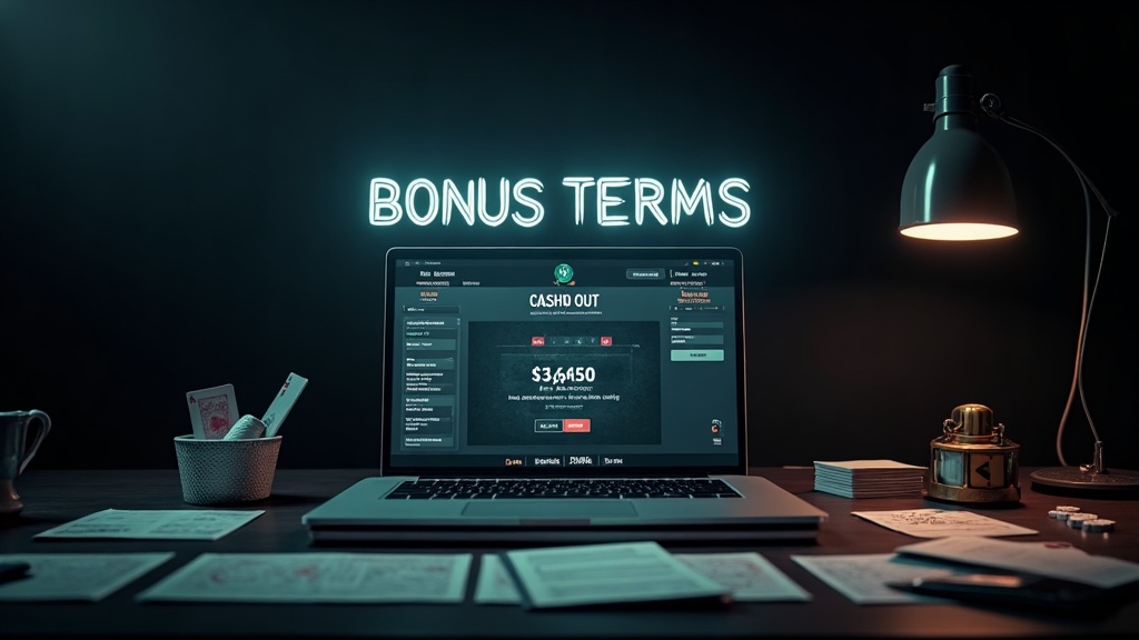 Laptop with bonus terms, wagering meter, and withdrawal icons in a dark casino scene