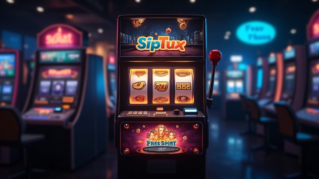 Slot machine and phone showing free spins in a dark casino setting