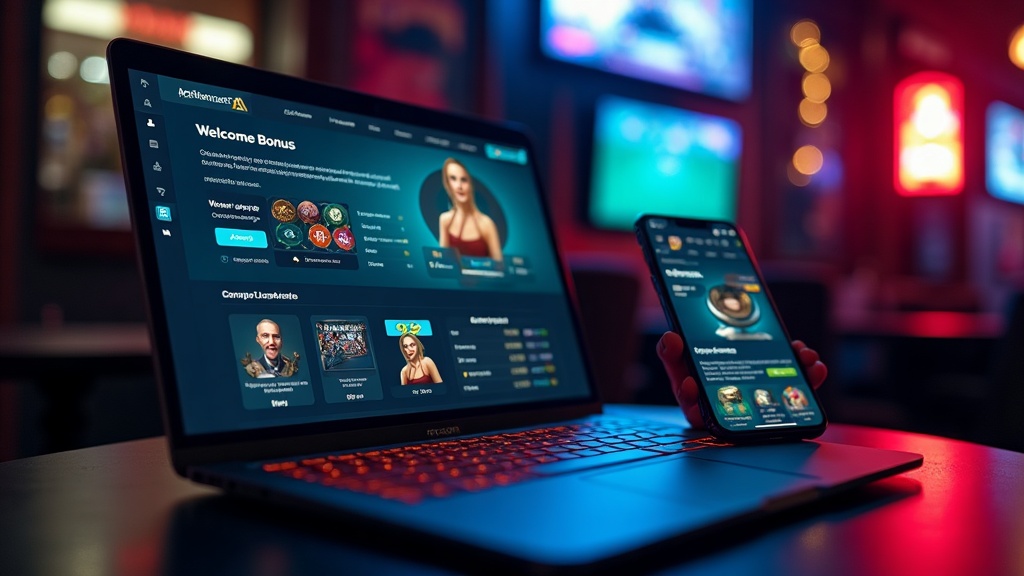Laptop and phone showing a casino welcome bonus in a dark lounge