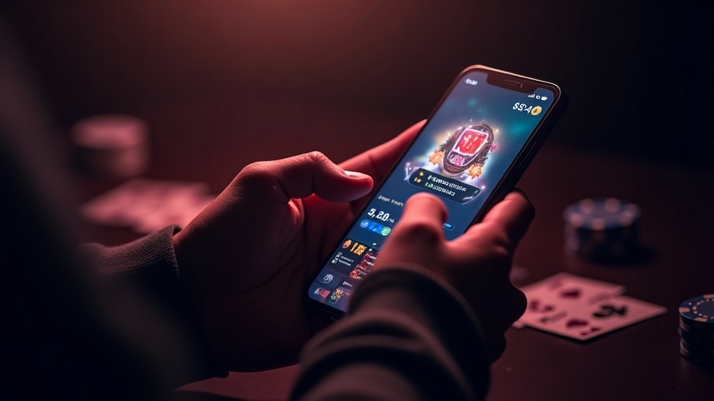Person playing casino games on a smartphone in a dark lounge